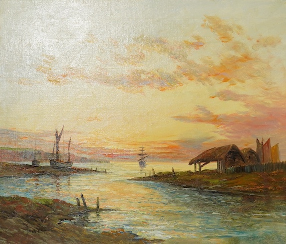 Continental school, oil on canvas, Estuary scene with ships, indistinctly signed, 51 x 60cm, unframed. Condition - good, re-lined
